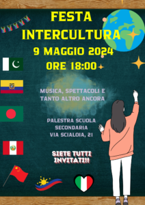 Volantino festa Intercultura che si terrà presso la palestra della scuola secondaria di primo grado in via Scialoia 21 